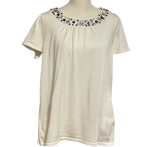 Lane Bryant Sweater Women’s 14/16 Cream Silver Round Neck Rhinestones Gathered - Picture 1 of 6